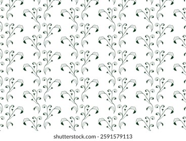 Seamless botanical pattern with Hand-Drawn Green Leaves and Thin Elegant Branches. Minimal floral ornament for textile, wallpaper, wrapping. Flat delicate vector illustration.