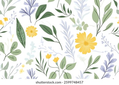 Seamless Botanical Pattern with Hand-Drawn Leaves and Florals in Earthy Tones.