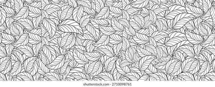 Patrón botánico sin fisuras con hojas dibujadas a mano en estilo de arte de línea fina. Elegante fondo de follaje blanco y negro adecuado para textiles, Fondo de pantalla, embalaje, papel de embalaje, papelería.