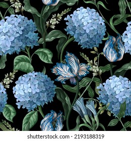 Seamless botanical pattern with  hydrangeas and other flowers. Vector.