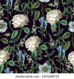 Seamless botanical pattern with  hydrangeas and other flowers. Vector.