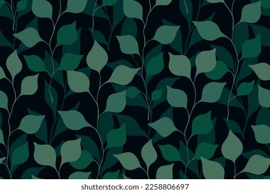 Seamless botanical pattern with large leafy branches. Beautiful botanical design with small leaves in dark colors. Natural print with hand drawn botany. Vector illustration.