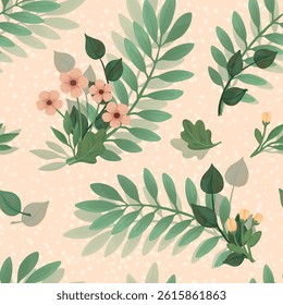 Seamless botanical pattern with leaves and flowers, hand drawn, not AI