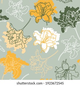 Seamless botanical pattern with lily flowers. Surface design with line and spot print. Vector illustration. 
