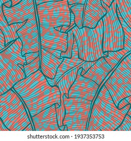 Seamless botanical pattern made of leopard spots skin texture mixed with detailed Palm leaves texture. African animal fur background. Spotted ornament. Vintage style.