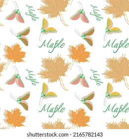 Seamless botanical pattern with maple leaves and seeds in flat technique 