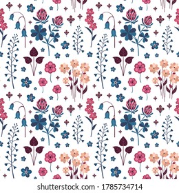 Seamless botanical pattern with meadow flowers and herbs. Clover, carnation and forget-me-not field plants with blossom. Wildflowers on repeating background for prints, textile and fabric designs.