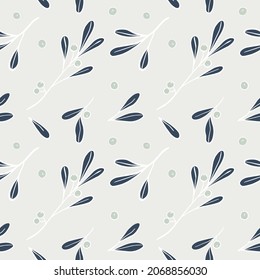 Seamless botanical pattern with mistletoe leaves and berries for wrapping paper, banners, print, collage and holiday backdrops decoration. Vector illustration.