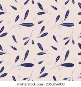 Seamless botanical pattern with mistletoe leaves and berries for wrapping paper, banners, print, collage and holiday backdrops decoration. Vector illustration.