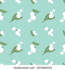Seamless botanical pattern with mistletoe leaves and berries for wrapping paper, banners, print, collage and holiday backdrops decoration. Vector illustration.