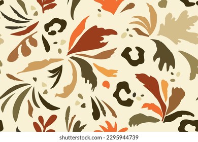 Seamless botanical pattern modern collage of doodles of various pattern shapes - flowers, leopard skin spots, dots, twigs. Ink sketch of natural earthy colors. Vector illustration 