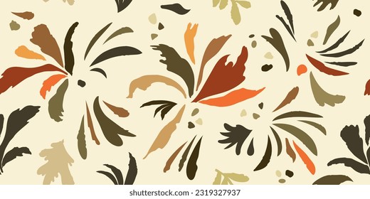 Seamless botanical pattern modern collage of doodles of various pattern shapes - flowers, spots, dots, twigs. Ink sketch of natural earthy colors. Vector illustration 