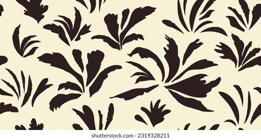 Seamless botanical pattern is a modern collage of drawings of various shapes of plants, grass, twigs. Black and white ink sketch. Monochrome vector illustration
