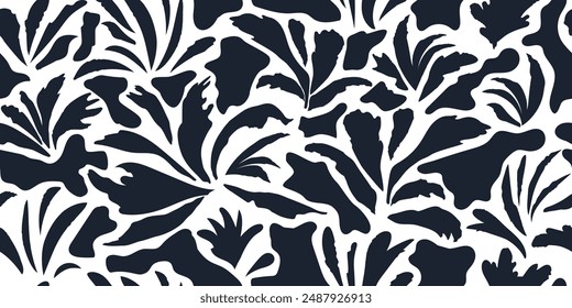 Seamless botanical pattern is a modern collage of drawings of various shapes of plants, grass, twigs. Blue ink sketch on white. Monochrome vector illustration