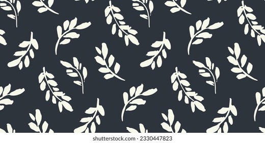 Seamless botanical pattern, modern print design with sketch leaves. Abstract background, ornament with hand drawn plants: white foliage silhouettes on a dark black surface. Vector illustration.