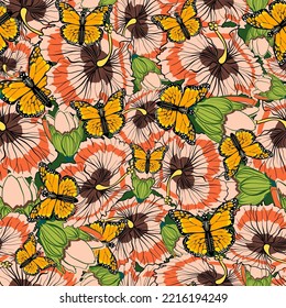 Seamless botanical pattern with monarch butterflies and hibiscus flowers vector illustration 