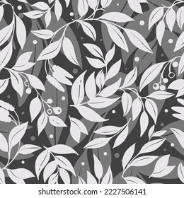 Seamless botanical pattern. Monochrome colors. Nature picture, leaf and branch with fruits. Dark background. For fabric, textil, wallpaper, wrapping paper and template for sites, social media