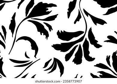 Seamless botanical pattern monochrome modern collage of doodles of various flowers, twigs, freehand ink sketch. Vector illustration isolated on white background.