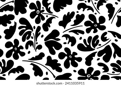 Seamless botanical pattern monochrome modern collage of doodles of various flowers, twigs, freehand ink sketch. Vector illustration isolated on white background.