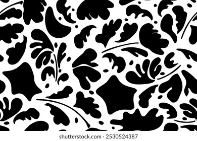 Seamless botanical pattern monochrome modern collage of doodles of various flowers, twigs, freehand ink sketch. Vector illustration isolated on white background.