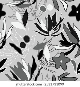 Nahtloses botanisches Muster monochrom moderne Collage von Doodles verschiedener Blumen, Zweige, Freihand-Tintenskizze. Vektorgrafik