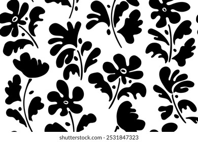 Collage moderno monocromo del modelo botánico inconsútil de los dibujos de diversas flores, hojas, bosquejo de tinta dibujado a mano. Ilustración vectorial aislada sobre fondo blanco.