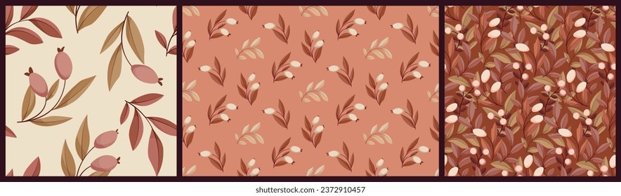 Patrón botánico sin foco, impresión natural de otoño con motivos vintage en la colección. Diseño floral con bayas dibujadas a mano, hojas, flores, ramas de colores marrones. Ilustración vectorial.