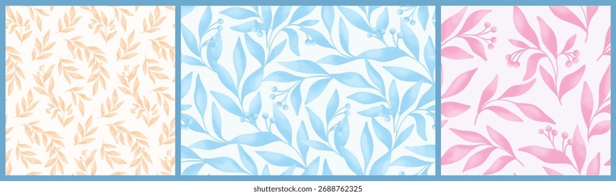 Padrão botânico contínuo, impressão natural de plantas aquarelas. Delicado design floral monocromático, ornamento de grandes folhas desenhadas à mão, galhos, bagas pequenas. Ilustração vetorial em cores pastel.