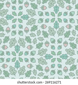 Seamless botanical pattern with oak leaves and acorn. Vector illustration. Endless texture with natural elements.