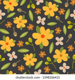 Seamless botanical pattern on black background. Hand drawn vector texture. Vector seasonal illustration. Colorful design for banner, wrapping paper, scrapbook, wallpaper, fabric print.