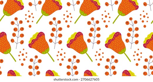 Patrón botánico inconsútil con las bayas de naranja, las flores y los círculos en un fondo blanco para el Fondo de pantalla, los textiles, la tela y el papel de embalaje.