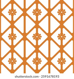 Seamless botanical pattern. Orange diamond grid with floral inserts. Retro aesthetic and geometric shapes. Repeatable design for vintage vibes.