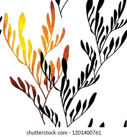 Seamless botanical pattern, ornament. Leaves, branches of plants. Hand drawing in vector. Stylish summer background. Cute, romantic background.