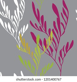 Seamless botanical pattern, ornament. Leaves, branches of plants. Hand drawing in vector. Stylish summer background. Cute, romantic background.