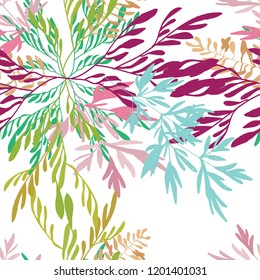 Seamless botanical pattern, ornament. Leaves, branches of plants are woven into a bouquet. Hand drawing in vector. Stylish summer background.