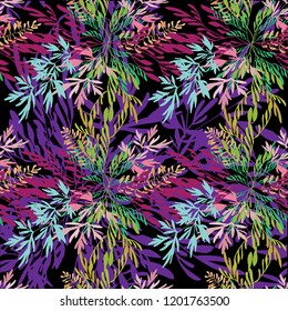 Seamless botanical pattern, ornament. Leaves, branches of plants are woven into a bouquet. Hand drawing in vector. Stylish summer background.