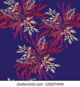 Seamless botanical pattern, ornament. Leaves, branches of plants are woven into a bouquet. Hand drawing in vector. Stylish summer background.