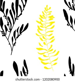 Seamless botanical pattern, ornament. Leaves, branches of plants. Hand drawing in vector. Stylish summer background. Cute, romantic background.