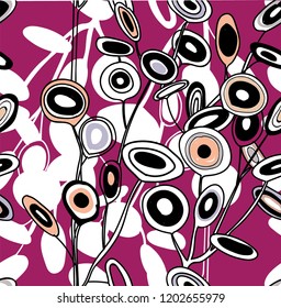 Seamless botanical pattern, ornament. Leaves, branches of plants are woven into a bouquet. Hand drawing in vector. Stylish summer background.