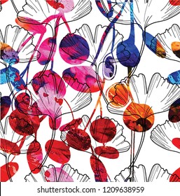 Seamless botanical pattern, ornament. Leaves, branches of plants. Hand drawing in vector. Stylish summer background. Cute, romantic background.