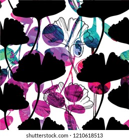 Seamless botanical pattern, ornament. Leaves, branches of plants. Hand drawing in vector. Stylish summer background. Cute, romantic background.
