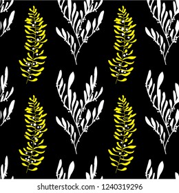 Seamless botanical pattern, ornament. Leaves, branches of plants. Hand drawing in vector. Stylish summer background. Cute, romantic background.