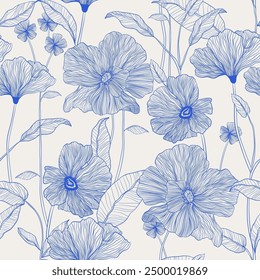 Nahtloses botanisches Muster mit Umrissblumen. Handgezeichnete blaue Blumentextur.Vektorgrafik. Mode trendy Druck für Stoff