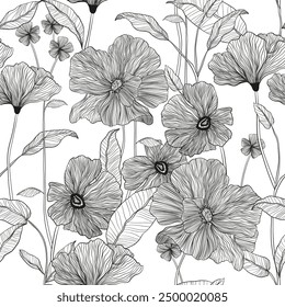 Seamless botanical pattern with outline flowers. Hand drawn monochrome floral texture.Vector illustration. Fashion black and white fabric print
