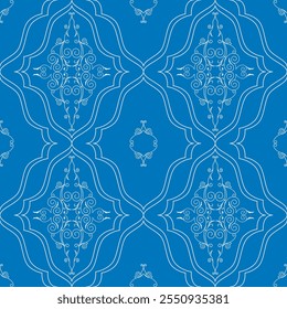 seamless botanical pattern of painted oriental motifs on a white background