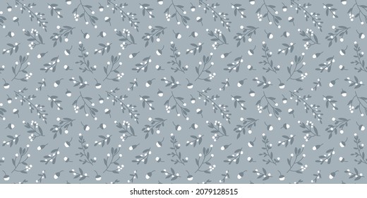 Seamless Botanical Pattern In Pale Dusty Blue And White.