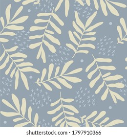 Patrón botánico sin soldadura, ramas amarillas pálidas y manchas azules sobre un fondo gris, ideal para la decoración, el dibujo de tela o el envolvimiento de papel