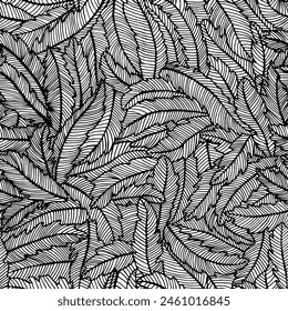 Patrón botánico inconsútil de hojas de palma. ilustración de stock de Vector eps10. Aísle sobre un fondo blanco, contorne dibujo a mano.