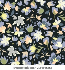 Seamless botanical pattern. Paper cutouts. Freehand drawing of flowers, dots, twigs. Vector illustration on a dark blue background. Printing on bed linen, children clothing, fabric, paper.