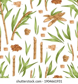 Seamless botanical pattern with piles and cubes of brown sugar, cane leaves and branches. Endless repeatable texture with sugarcane. Hand-drawn vector illustration on white background
